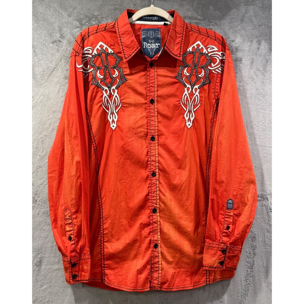 Roar Signature Edition Mens Orange Tribal Embroidered Button Down Shirt Large